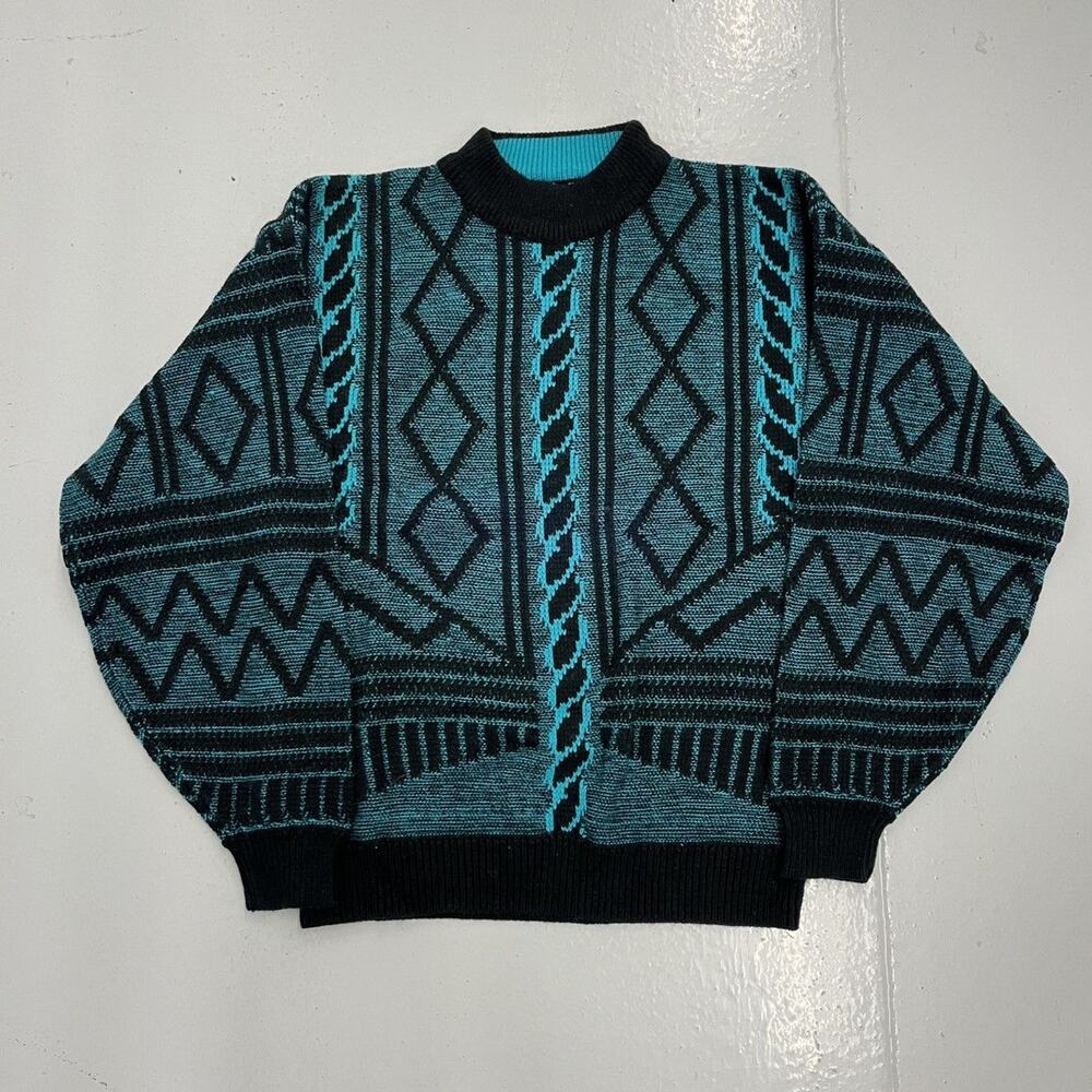 Vintage 80s Permit Blue/Black Geometric Pattern Sweater